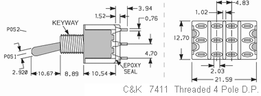 C&K H.K. 7201 2A @ 250V AC Panel Mtg 4.P.D.T.
