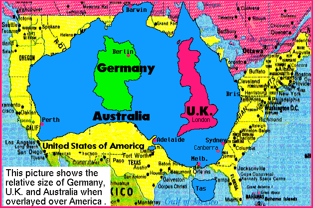 Map of Australia showing USA's, U.K's & Germany's sizes